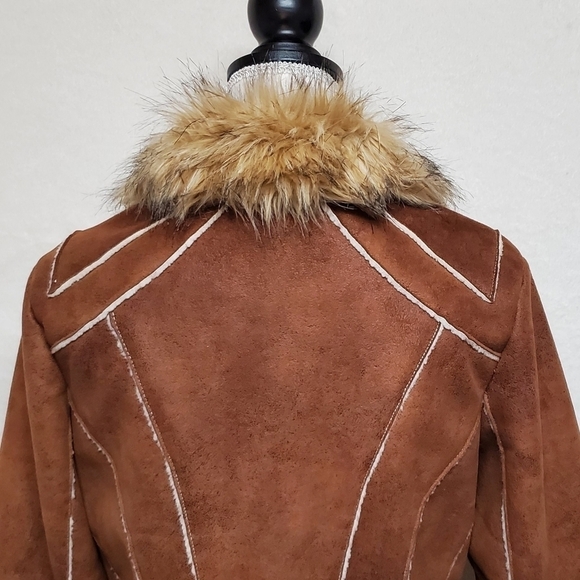 VINTAGE 90s Toffee Faux Suede Faux Fur Zip-Sleeve Full-zip Fleece Lined Jacket - Picture 11 of 13